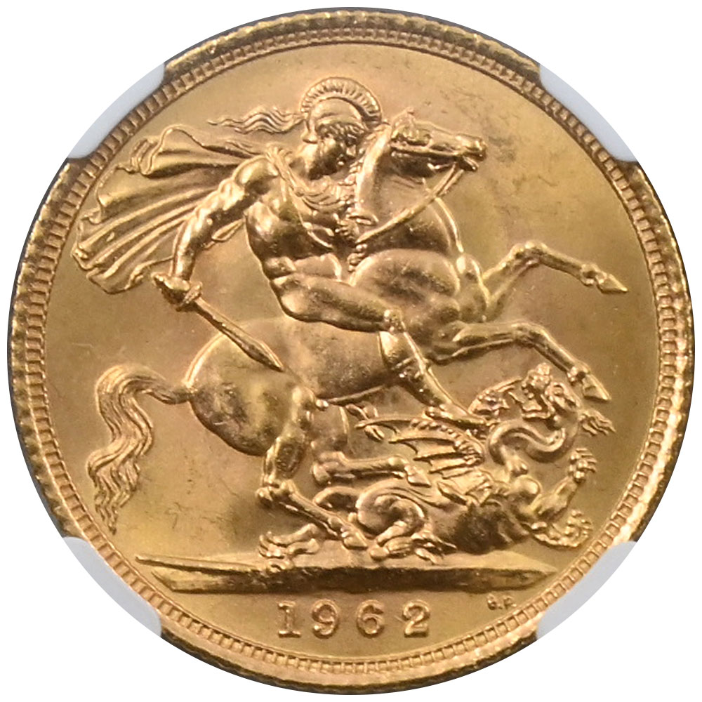 イギリス 1962 エリザベス2世 1ソブリン 金貨 NGC MS64 聖ジョージの竜