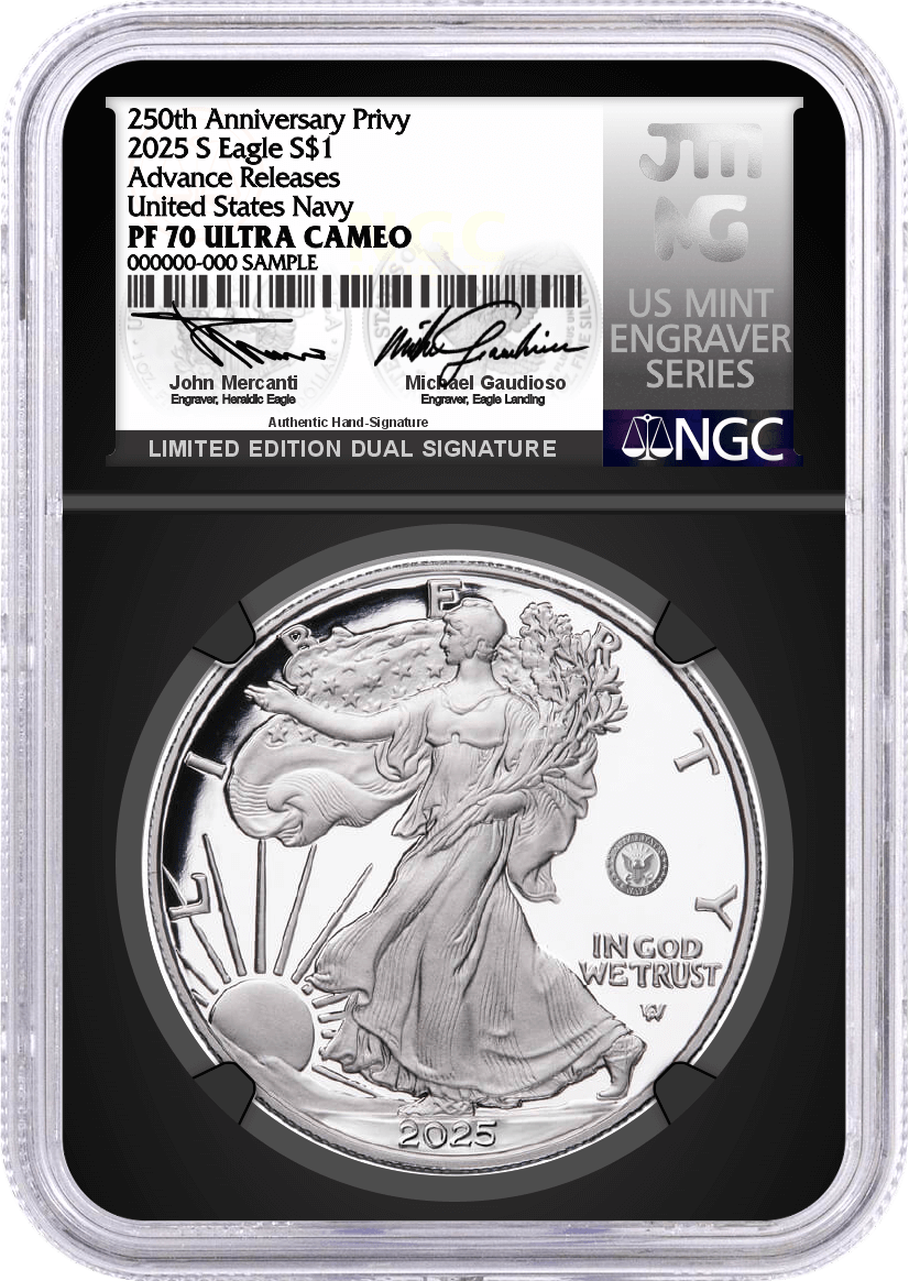 2025 S $1 1oz Silver Eagle 250th Anniv U.S. Navy Privy NGC PF70