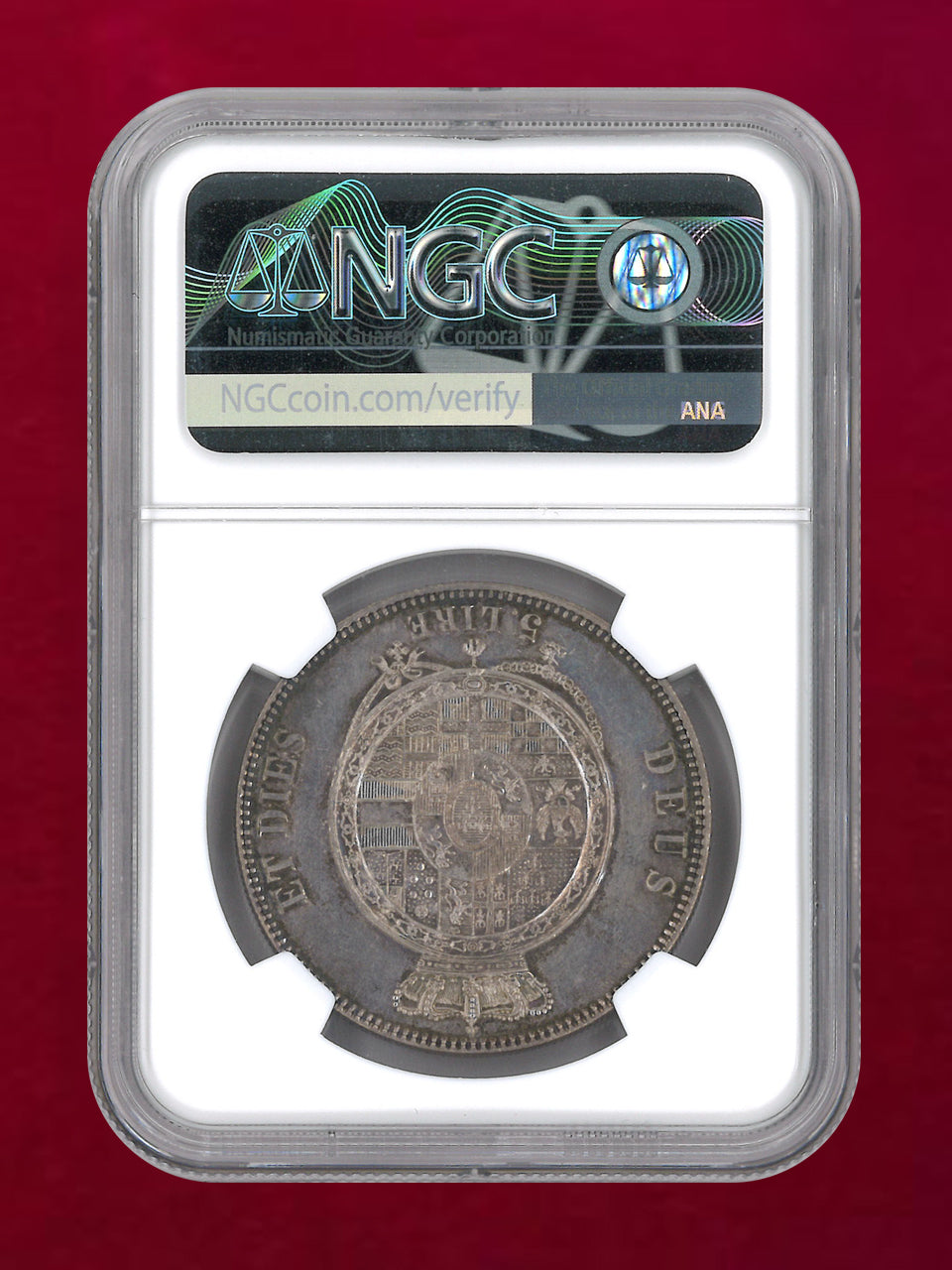 イタリア・パルマ】5リラ 銀貨 1858 NGC MS 61［B-0000732
