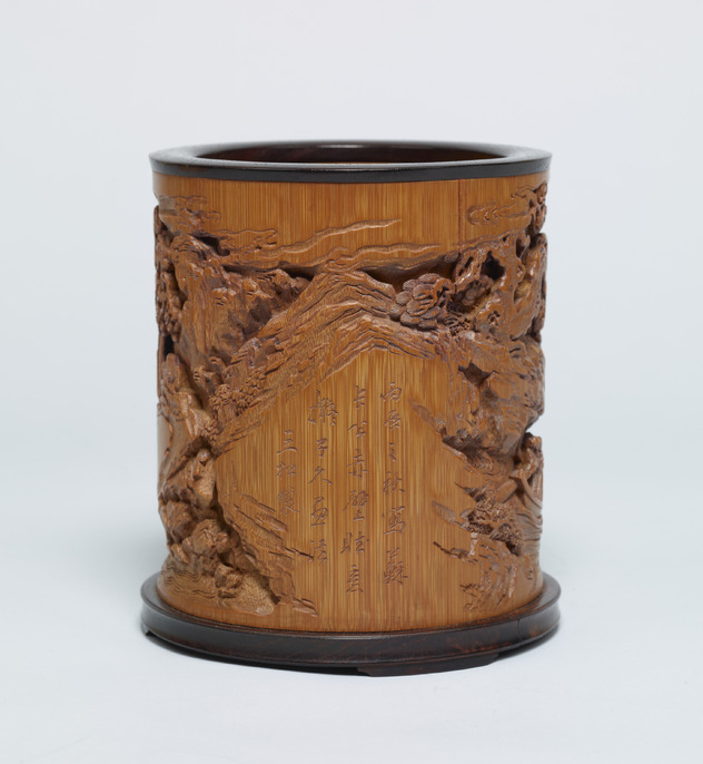 レトロ 竹彫 竹筆筒 置物 時代物 2378 古唐物 竹彫 竹筆筒 置物 時代物