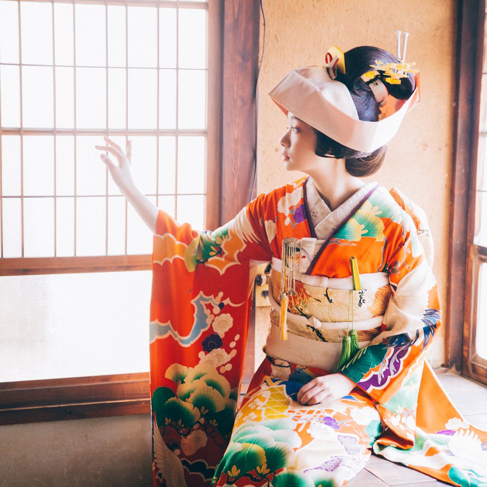 アンティーク振袖 朱赤地/鶴に松竹梅 【結婚式 和装 引き振袖 レンタル