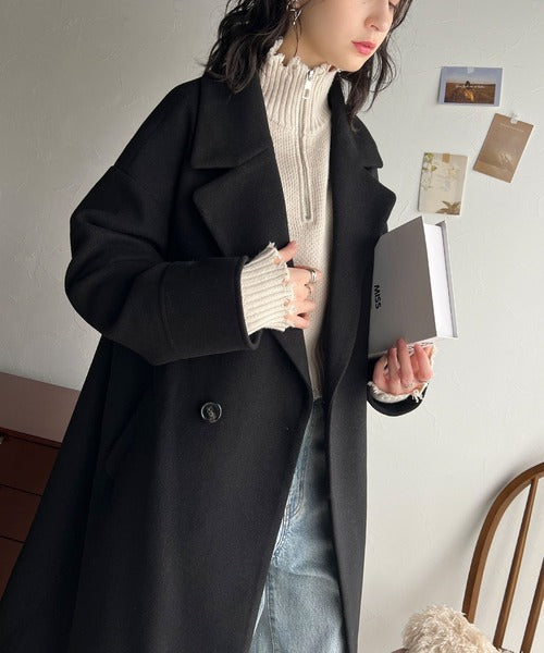 羽織るだけで上品見え！ウールライク素材ダブルテーラードチェスター