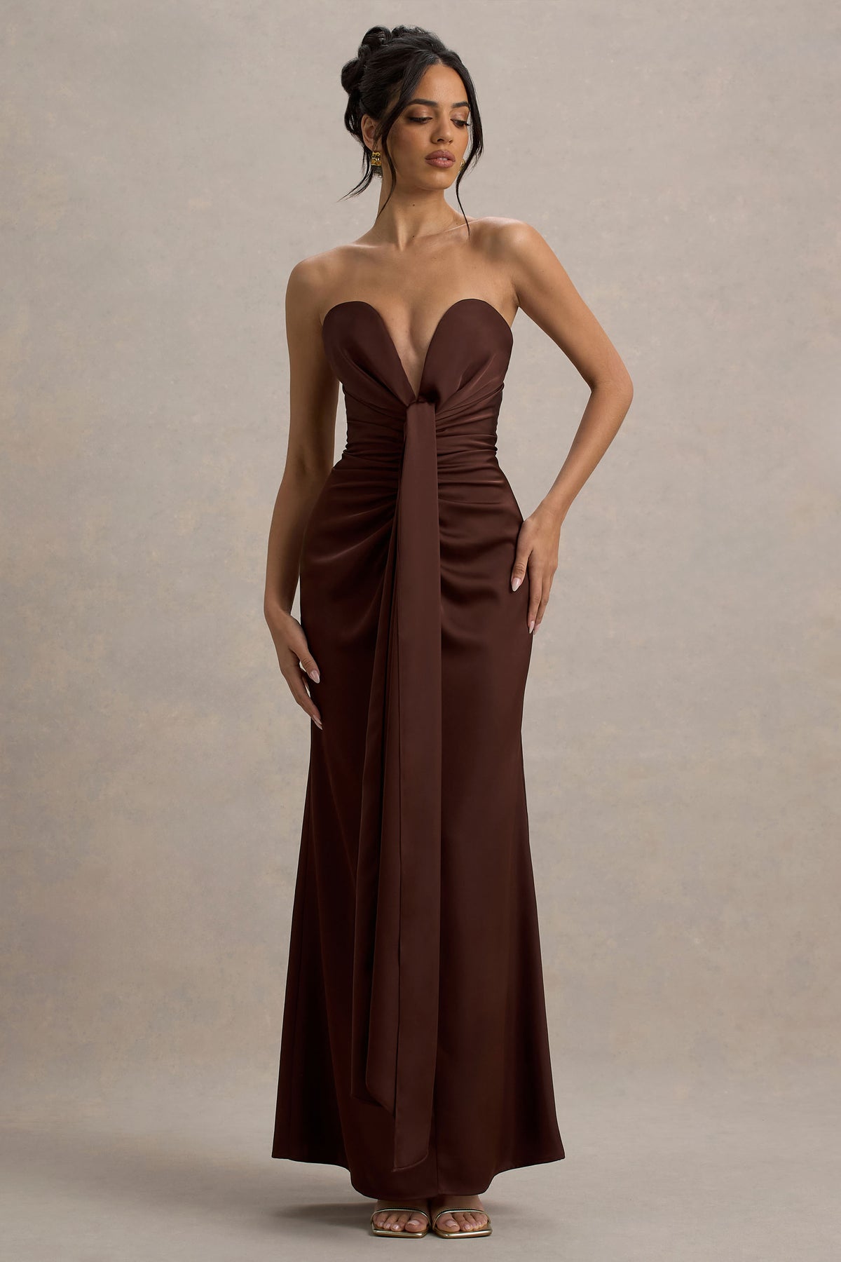 Mackenzie Brown Satin Plunge-Neck Draped Maxi Dress – Club L