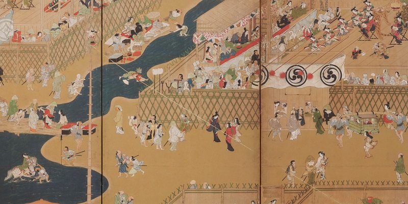 河原夕涼み図】奥村石蘭 703 京都鴨川 四条納涼 掛け軸 肉筆 河原