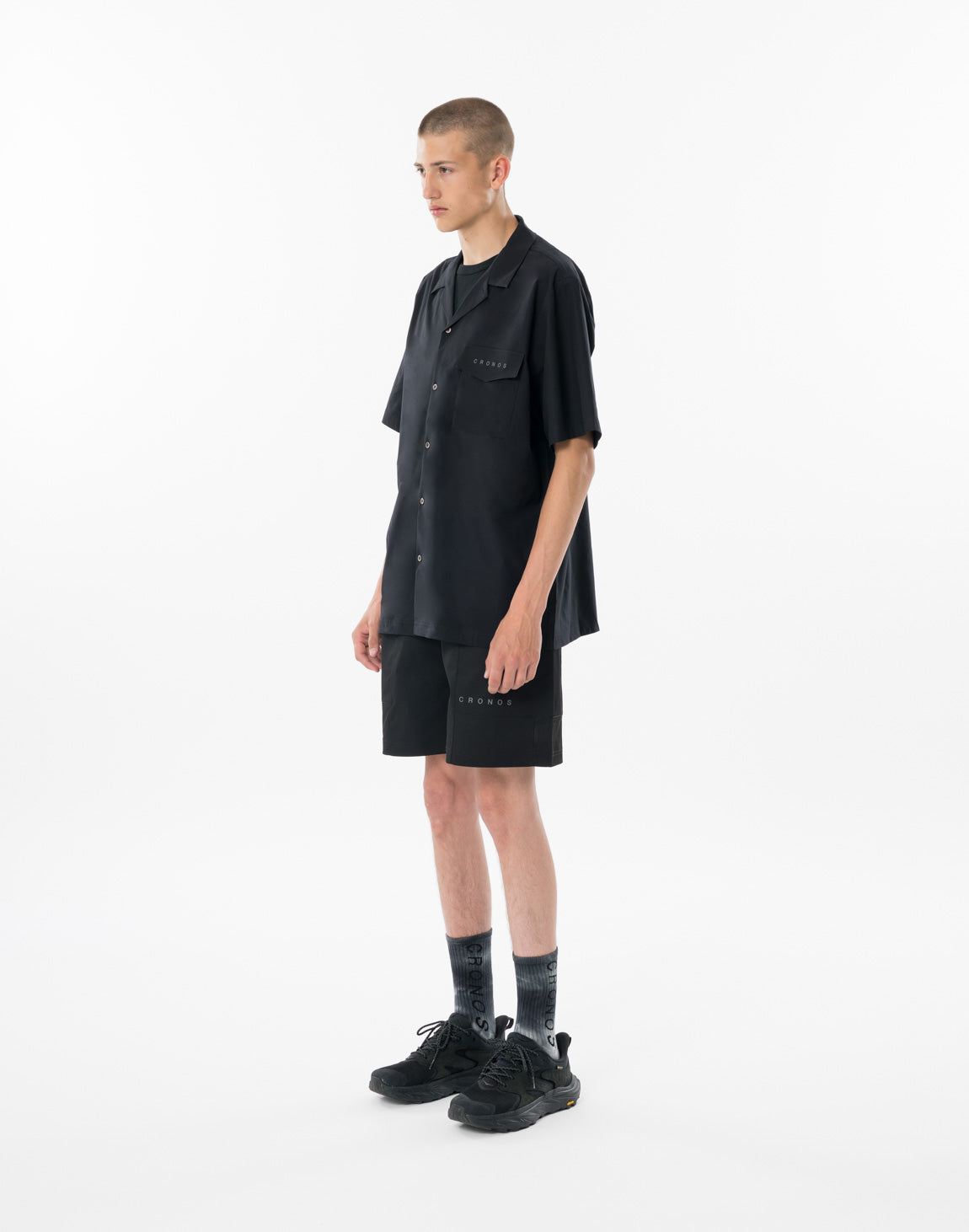 CRONOS STRETCH OPEN COLLAR S/S SHIRT【BLACK】