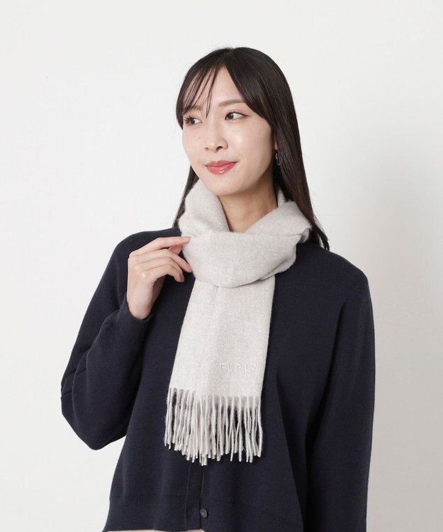 FURLA(フルラ）カシミヤ100％ 無地 マフラー ロゴ刺繍 手洗いOK／幅