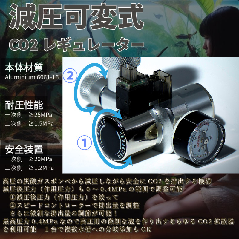 クリスタルアクア CO2レギュレーターSS-1GR02AB：低流量スピコン・電磁