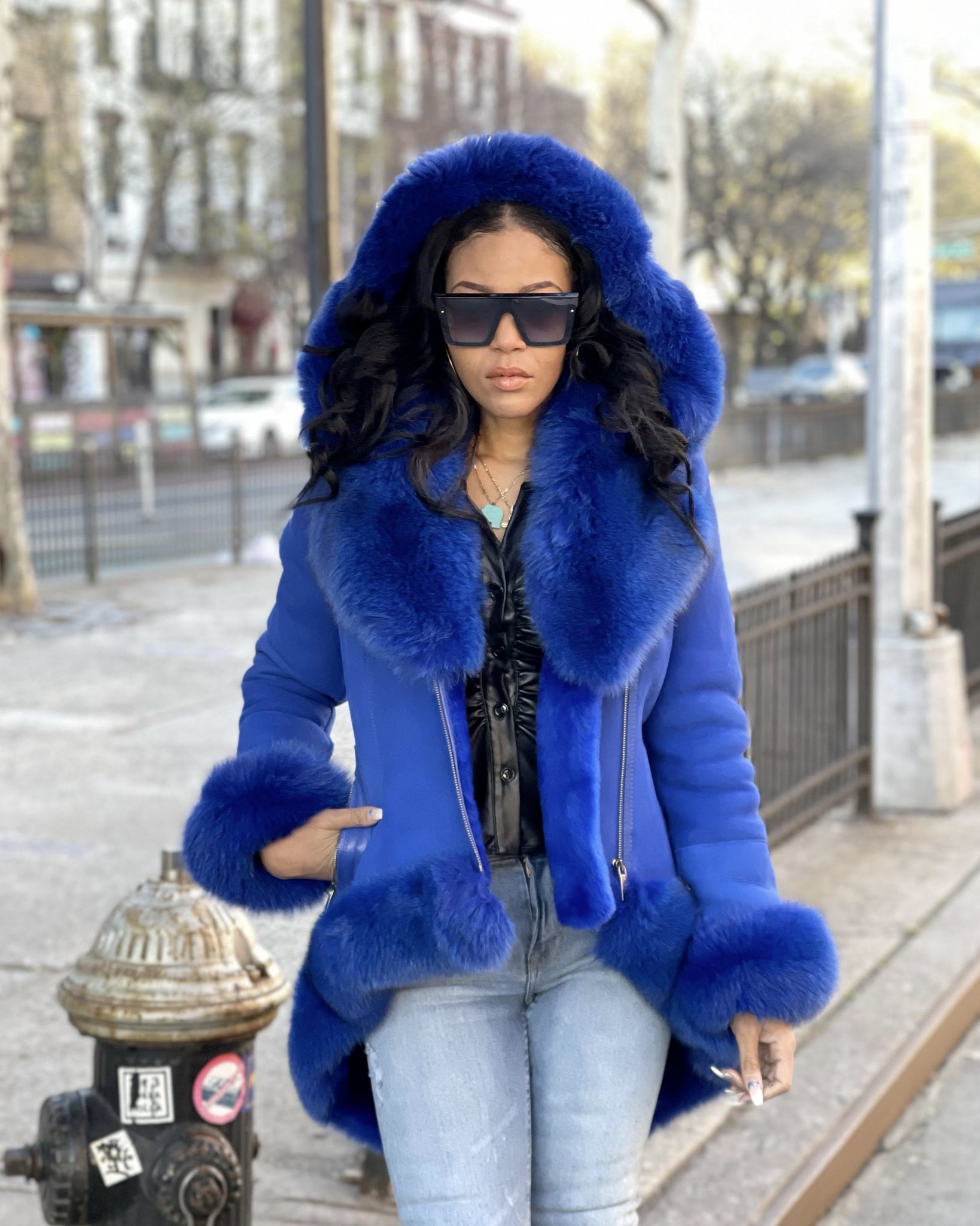 WOMEN SHEARLING- ROYAL BLUE LONG LENGTH WITH BLUE FOX FUR