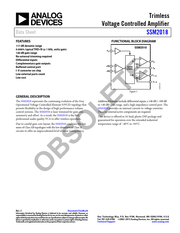 SSM2018 Datasheet PDF - Trimless Voltage Controlled Amplifiers