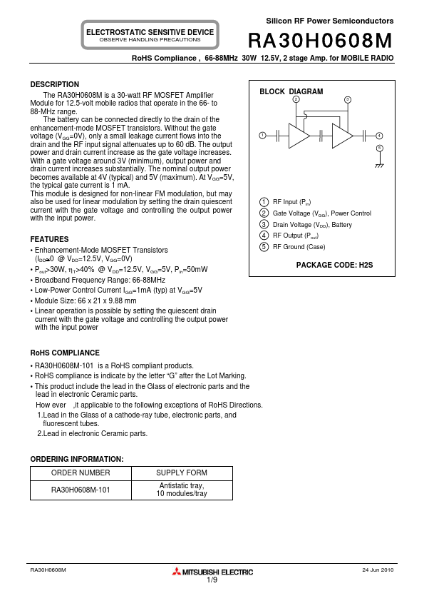 RA30H0608M Datasheet PDF - 30-watt RF MOSFET Amplifier Module