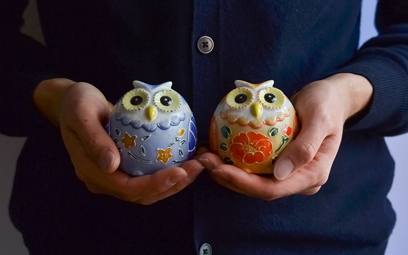 石工房 森のふくろう 2体セット 石台座付き 石工房 森のふくろう 2体