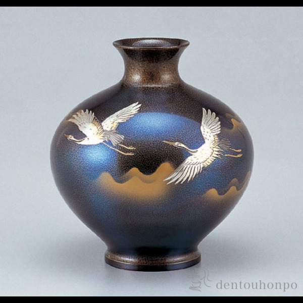 送料無料】 銅製花瓶 福丸形 鶴 / 花瓶 フラワーベース 花器 仏間