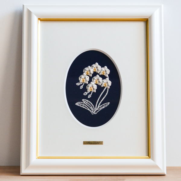 金 彫金 昭和レトロ 蘭の花金銅板彫刻 木製フレーム 額縁 アート