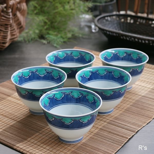 2072 源右衛門窯 染錦椿絵 皿5客 湯呑5客 2072 源右衛門窯 染錦椿絵 皿