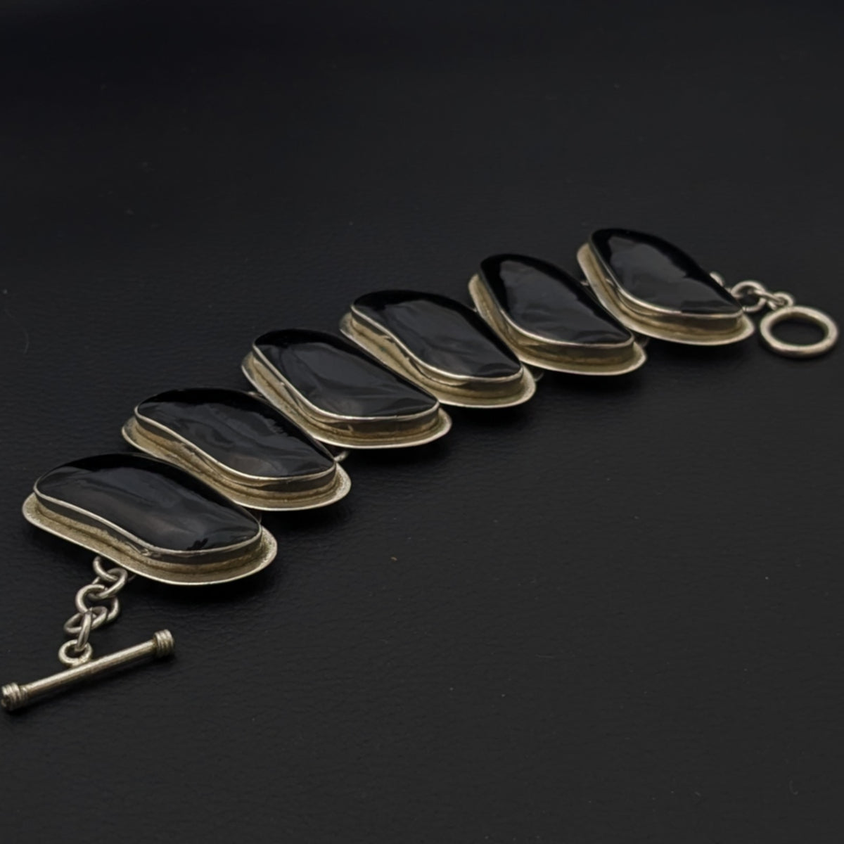 ヴィンテージ メキシカンシルバー925 オニキス ブレスレット 60.7g