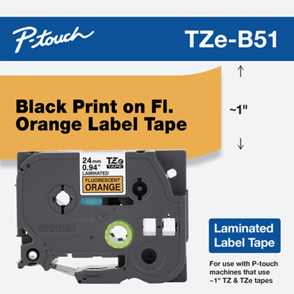 TZe-B51 - 24mm Black on Fluorescent Orange Laminated Label Tape
