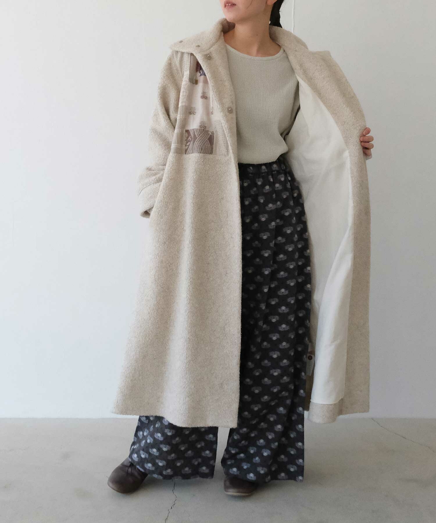 AMBIDEX Store ○パッチワーク × ウール ボア ロングコート(F ベージュ