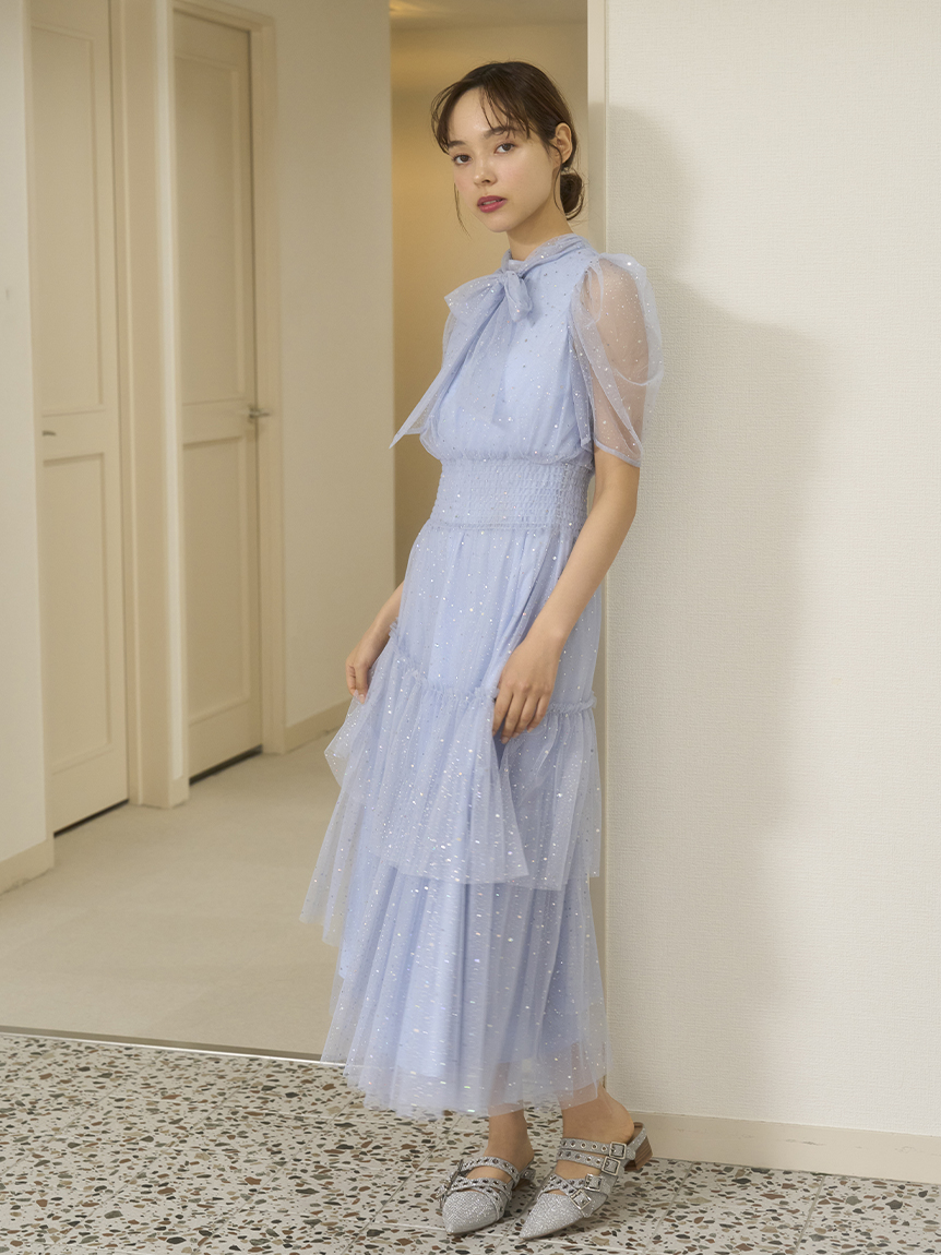 限定サイズ】ハーフスリーブラメチュールドレス(ロングワンピース