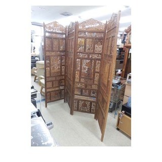 PayPay対応 折りたたみ 4連パーテーション 間仕切り 木製 透かし彫り