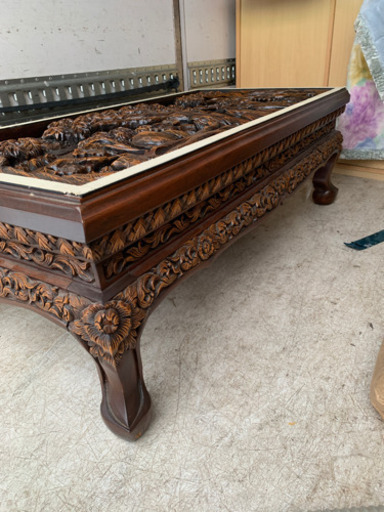 タイ アジアンテーブル 木彫り 象 販売 ガラス天板 彫刻センターテーブル