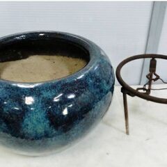 葛明祥 造 火鉢 海鼠釉 三德付き 灰付き 中国古玩 高さ30x幅49x奥行49