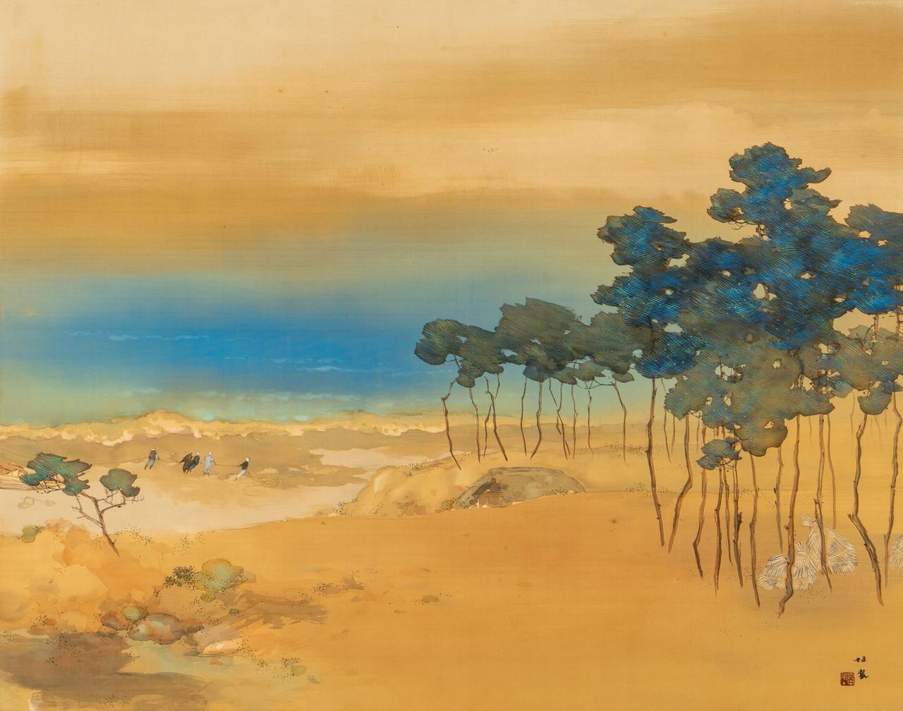 真作保証 日本画家 竹上農太郎 筆 里風景 真作保証 日本画家 竹上農