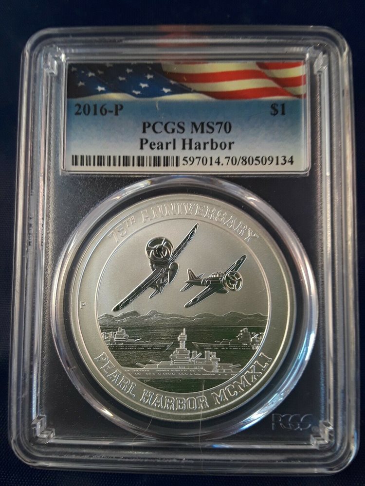 2016-P PCGS MS70 1oz SILVER PEARL HARBOR 75th Anniversary Tuvalu