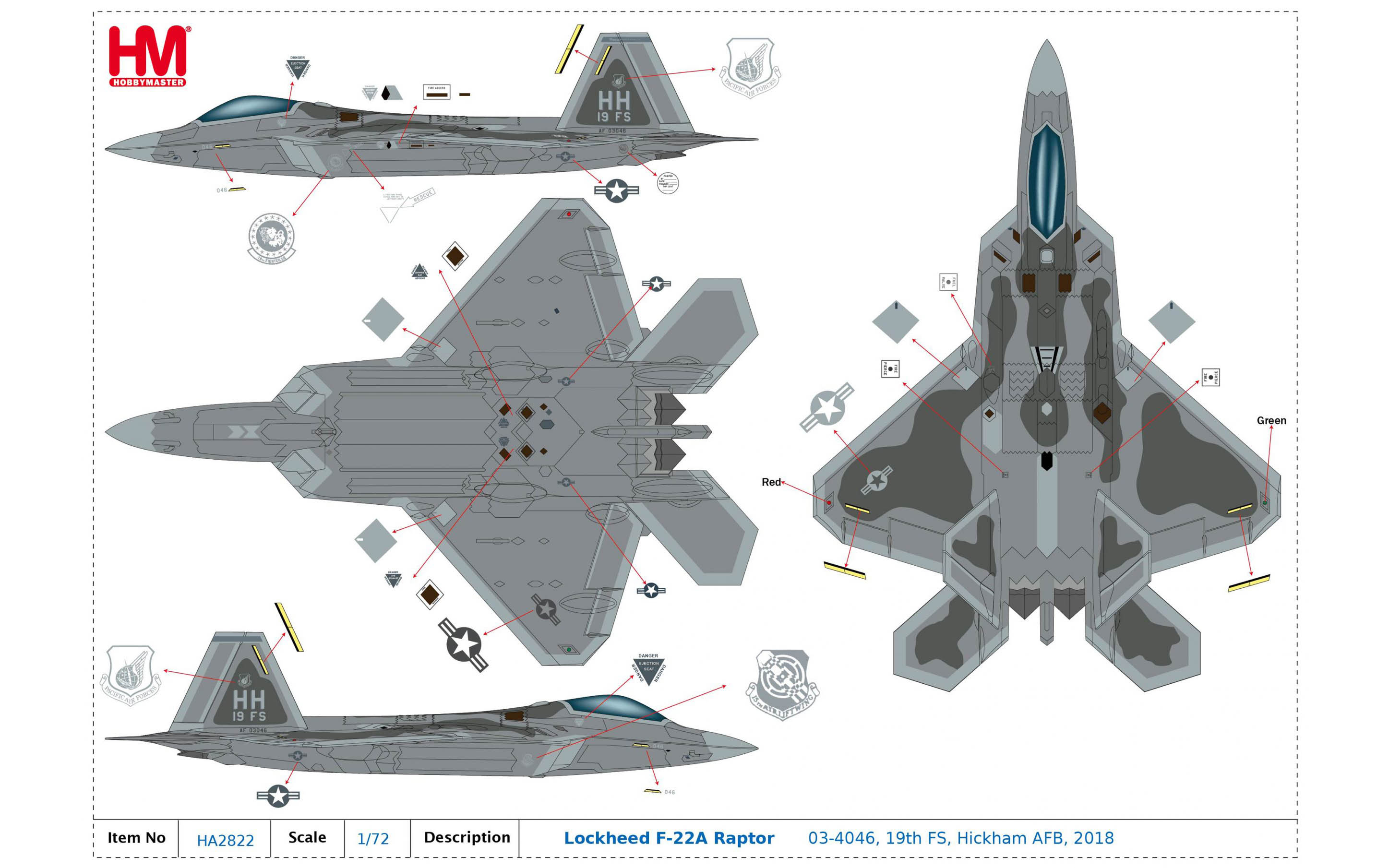 Lockheed F-22A Raptor, 19th FS, Hickam AFB, 2018 - Hobby Master