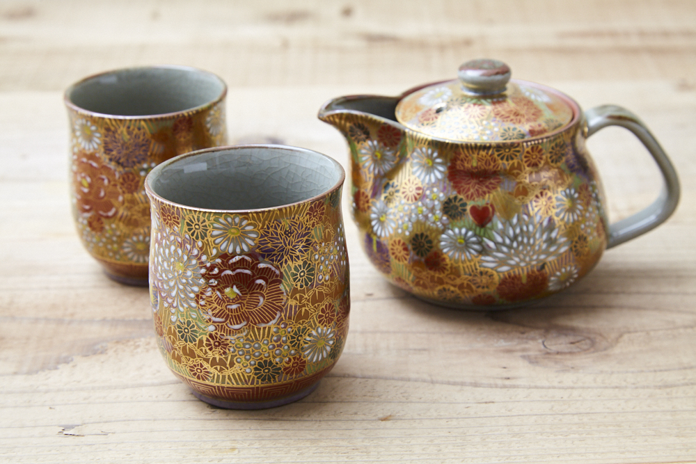 九谷焼 白七宝 蓋付茶器＆急須セット （急須 径18cm 1個、湯呑 径9.5