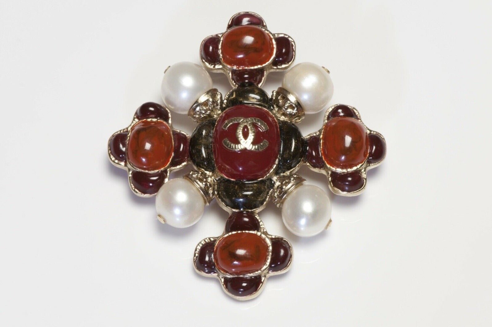 CHANEL Fall 2009 Maison Gripoix CC Red Poured Glass Cross Brooch