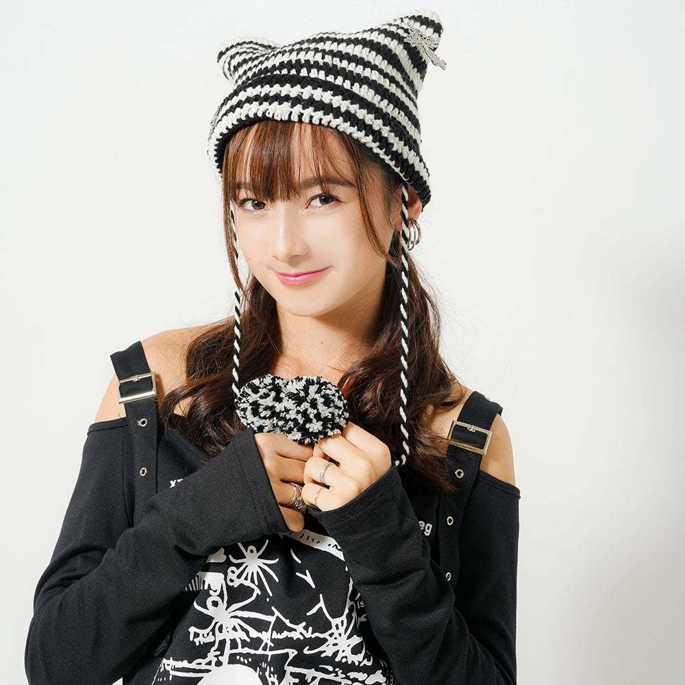 ポンポン付ねこ耳ボーダー編ニット帽 – レディースファッション通販の