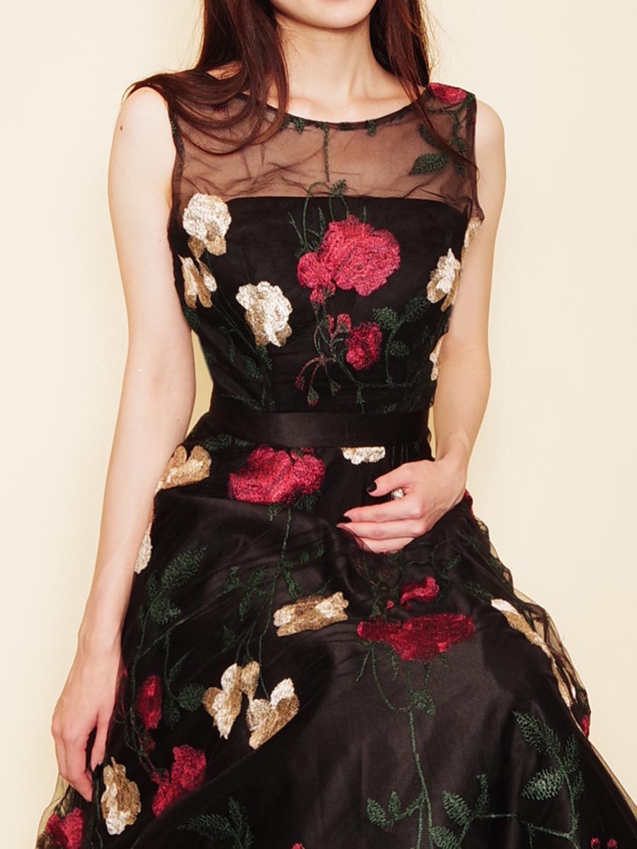 ブラック フラワー刺繍 マキシドレス ショール付き オリジナル