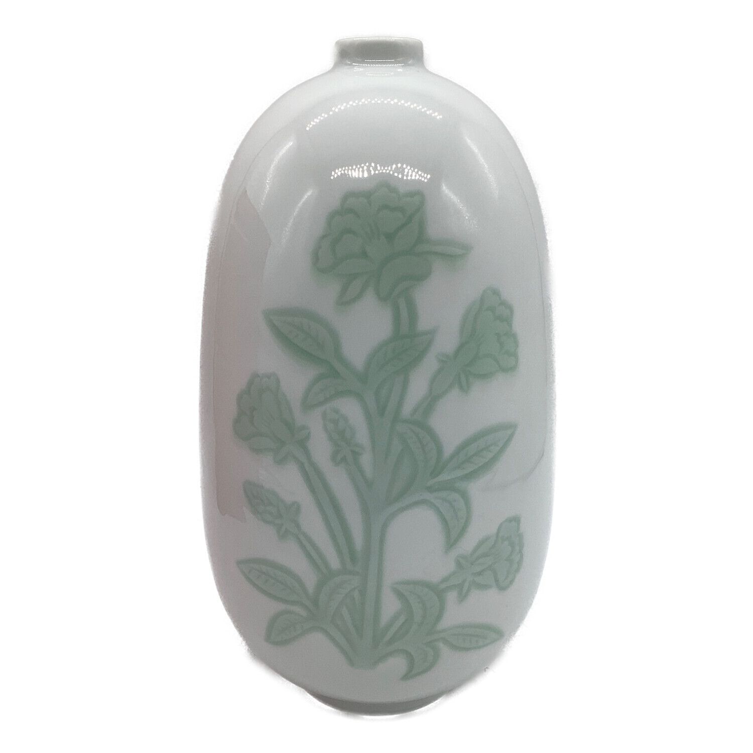 人間国宝 井上萬二 染付鳳凰彫文耳付花器 人間国宝 井上萬二 染付鳳凰