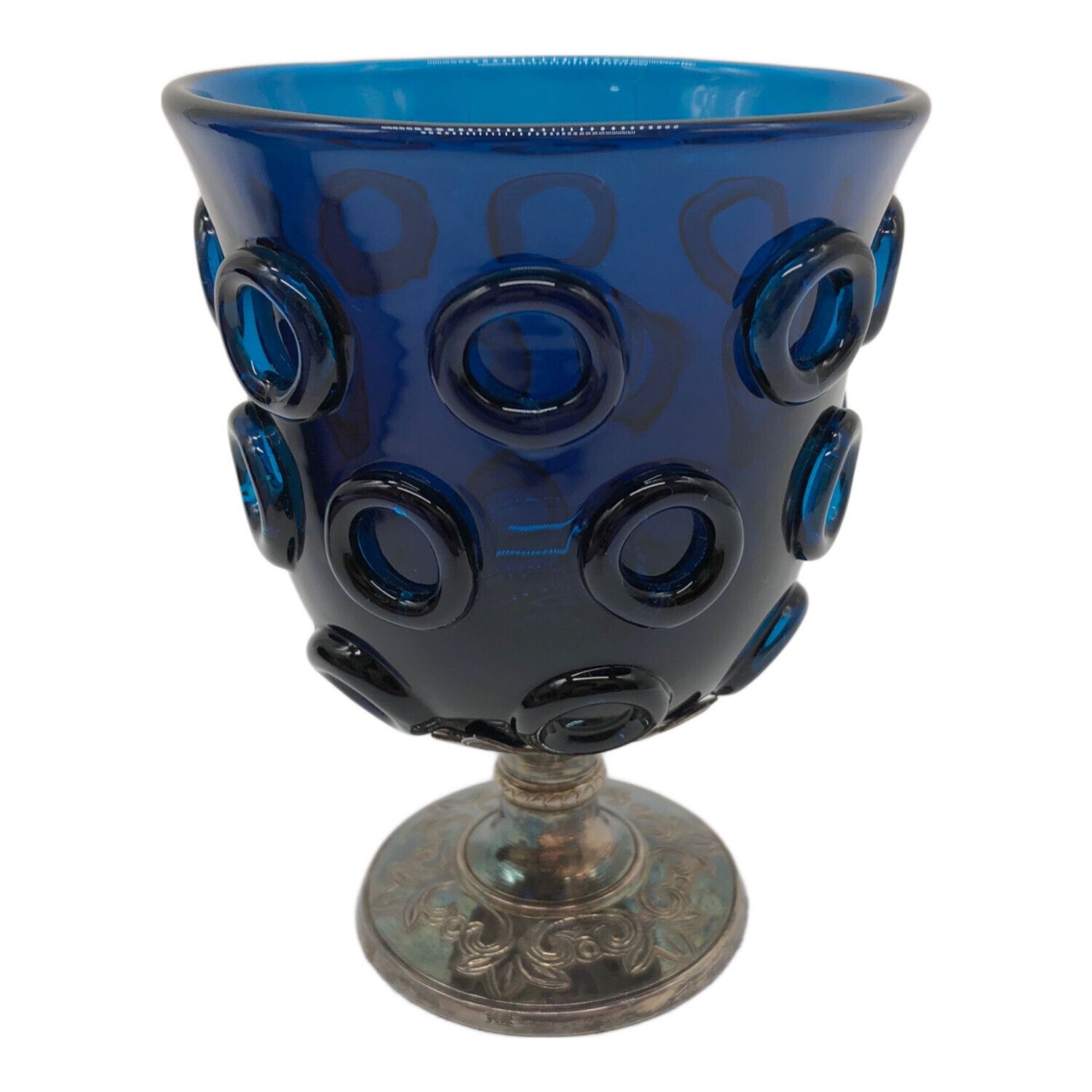 骨董 時代ガラス 希少 ラムネ色乳白色暈し 青色リップ朝顔型 氷コップ