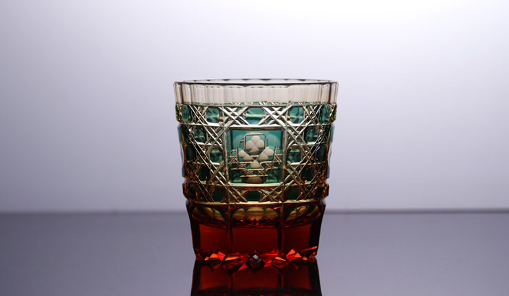 江戸切子 PR14ペアアンバーロックグラス・五輪の華2色セット | 江戸切子.jp