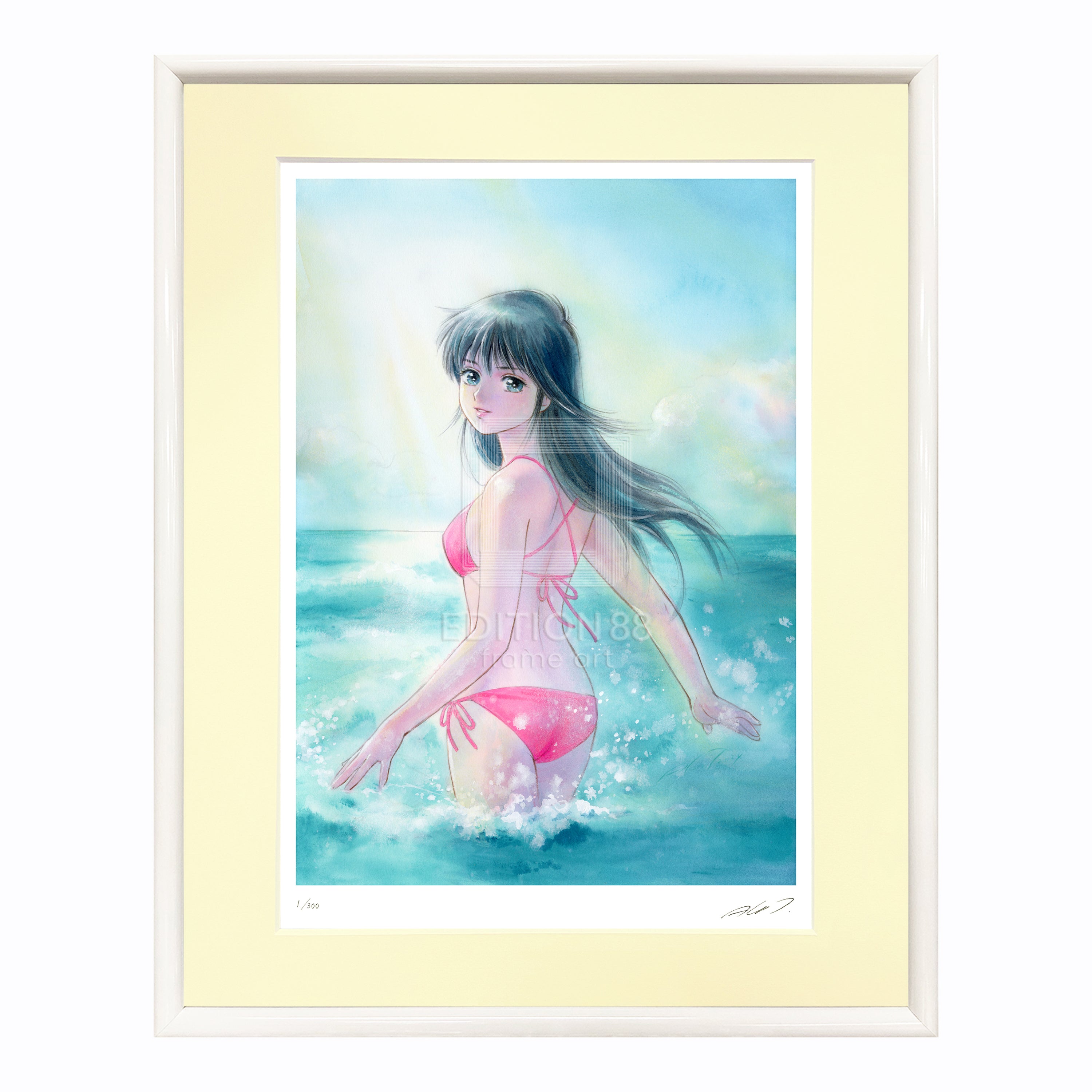 ドローイング瞑想少女#5ハガキサイズ アクリル画 幾何学模様と風景