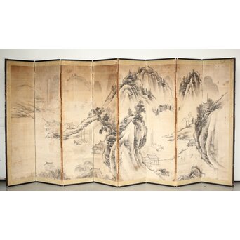 永冨等原 永富家 雲谷派 雪舟風山水図 半双屏風 Z297｜骨董店 のびる