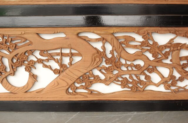 欅彫 花札梅に鶯 寺院木彫欄間 2枚1組 R0307Y｜骨董店 のびる 古美術