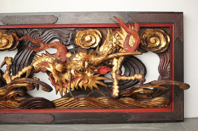 木彫り 玉眼 彫刻 魚 化け鯉 鯱 龍 麒麟 欄間 アンティーク 骨董品