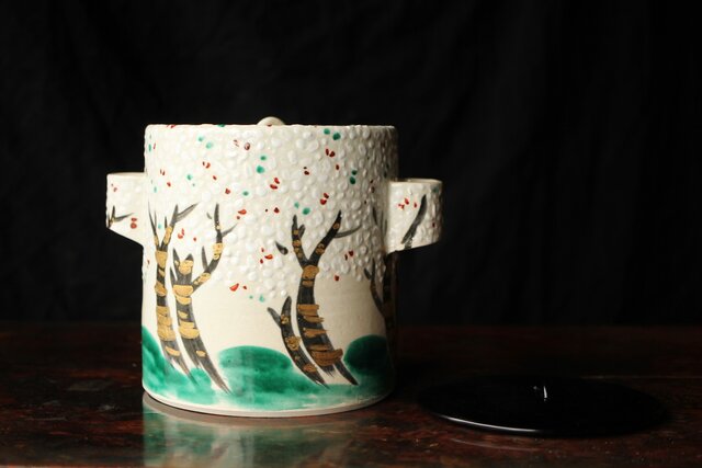 白井半七 桜 水指 共箱 替蓋 P445｜骨董店 のびる 古美術 骨董 和風