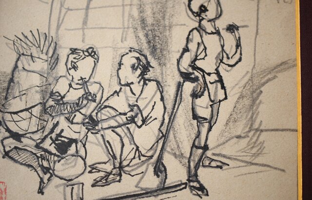 木村荘八 時代小説挿絵 肉筆原画 木村初枝鑑定額装 Z471｜骨董店