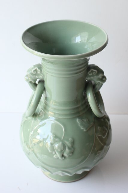 471617 加藤渓山 作 天龍寺青瓷 耳付花瓶（共箱）茶道具