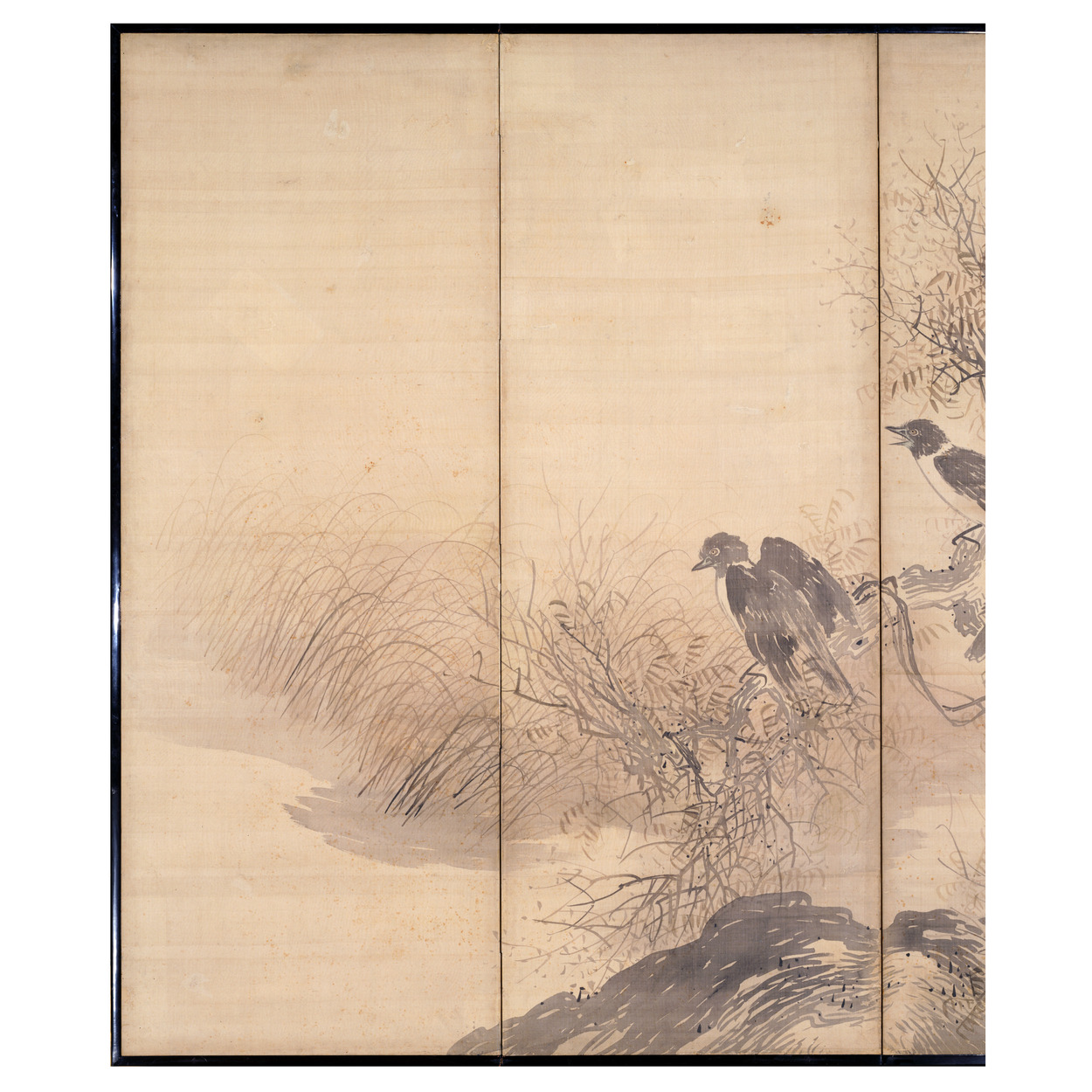 四つ折り屏風 日本画 金箔彩色 『柳に鷺』 四つ折り屏風 日本画 金箔