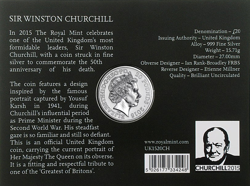 英国 イギリス ￡20 ポンド 銀貨999ag 15.71gチャーチル デザイン 英国