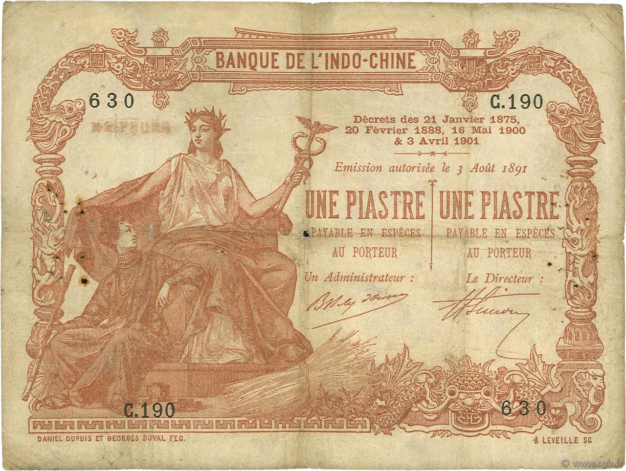 希少 1 Piastre 1901年発行 フランス領インドシナ紙幣 旧紙幣 希少 1