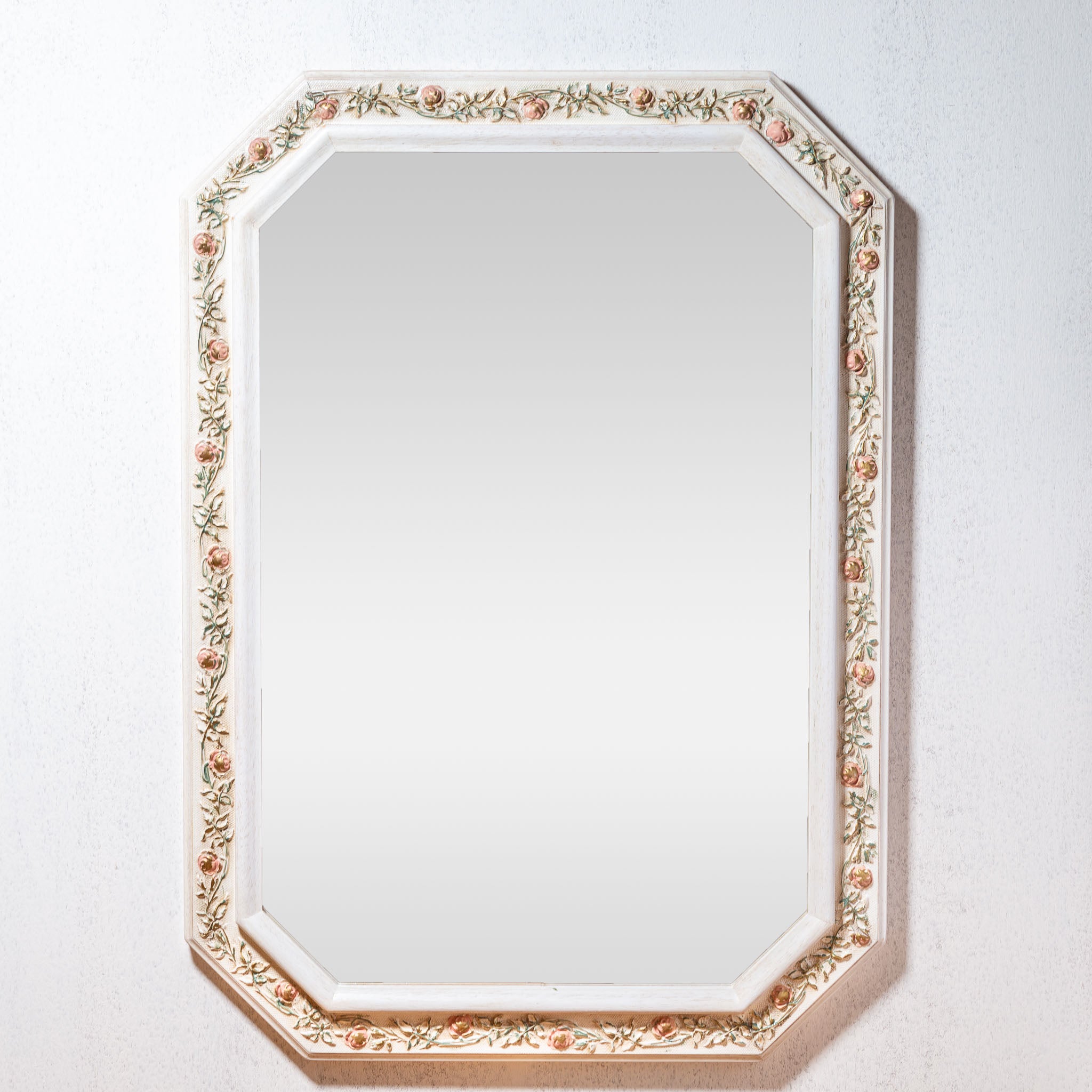 イタリア製 ハンドペイント 八角形ウォールミラー 壁掛け鏡 ローズ