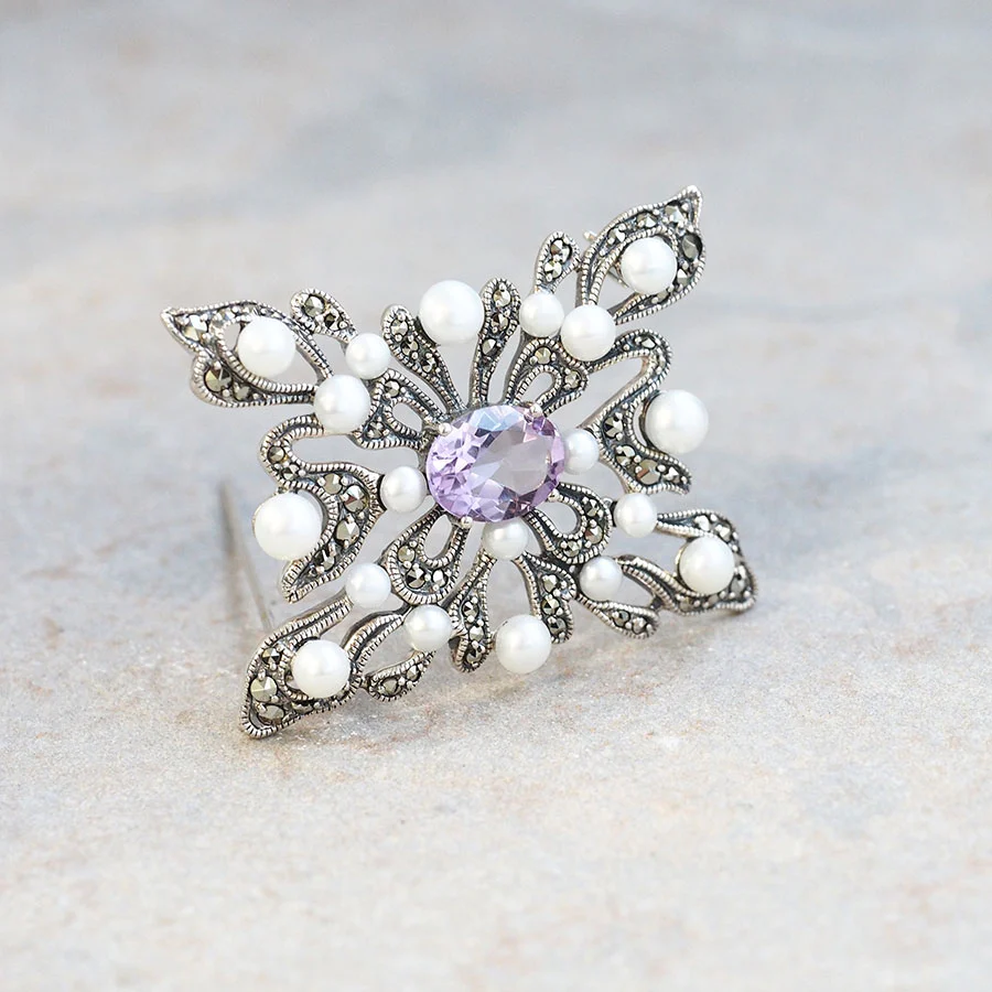 碌山 アメジストとパールのブローチ 碌山 アメジストとパールのブローチ