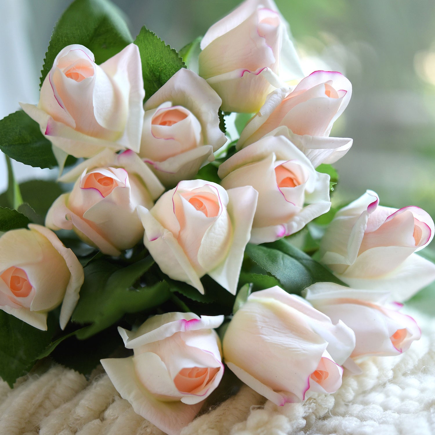 Antique White Pink Long Stem 21 inches Roses Real Touch Silk