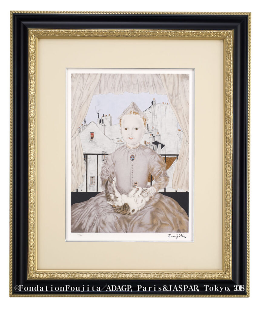 藤田嗣治（レオナール・フジタ）「猫を抱く少女」 作者サインあり 12