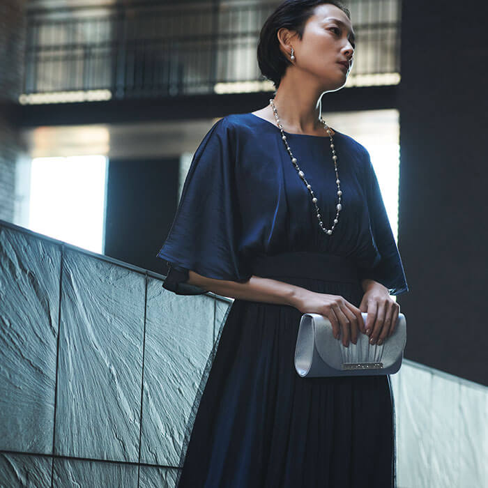 WEB限定｜ケープ風ブラウジングドレス 9号・ネイビー｜東京ソワール